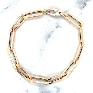 Women 14K Rose Gold 7.5" Lobster Claw Lungo Rectangle Paperclip Chain Bracelet